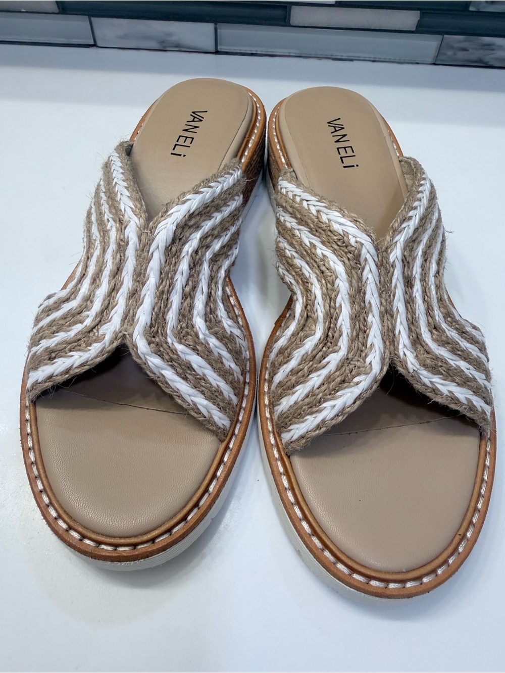 Vaneli Tan & White Braided Slide Mules